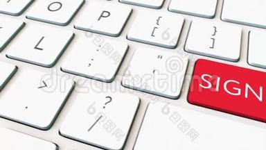 白色电脑键盘和红色签到键。 概念4K剪辑